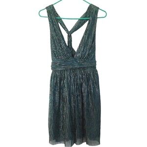 Lulus Ailey Gold and Teal Blue Skater Dress